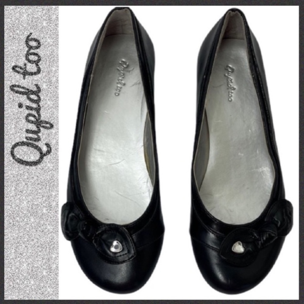 Black Sparkling Hearts & Bow Girls Dress Flats Girls Size 4